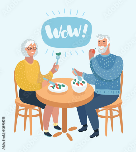 A delighted senior couple enjoys a meal together expressing surprise
