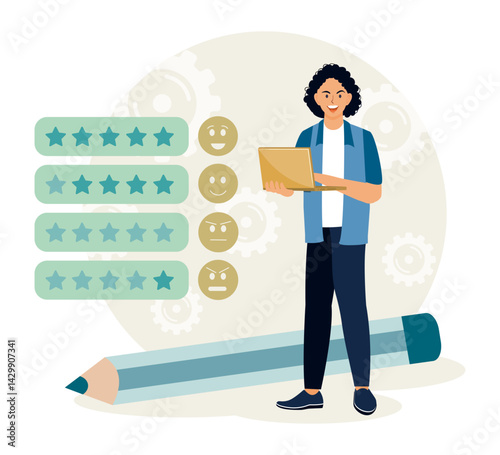Survey feedback concept. Man with pencil next to various emotions.