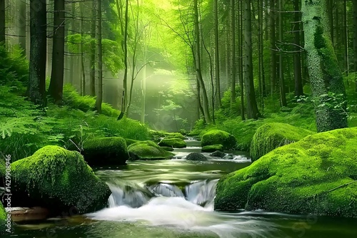 Serene forest stream, sunlight dappling through trees, mossy rocks, tranquil nature scene, ideal for relaxation or travel brochures