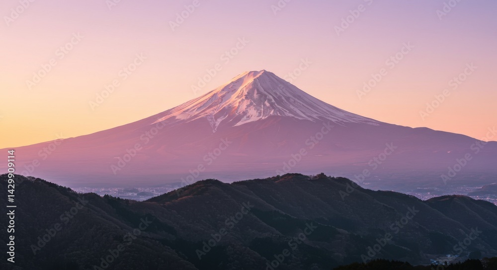 Fototapeta premium Mount Fuji with snow at sunset over dark mountain ridge