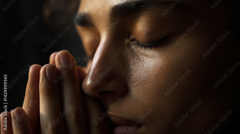Close-up of a person with eyes closed, hands together in contemplation or prayer, bathed in soft, warm light against a dark background. Close-up of a person with eyes closed, hands together in contemplation or prayer, bathed in soft, warm light against a dark background.