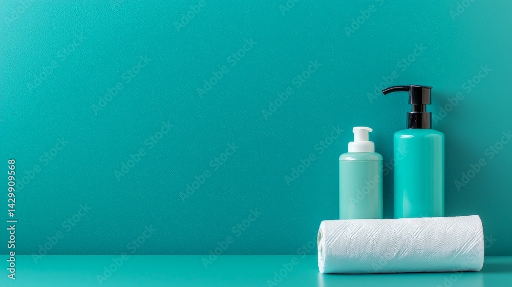 A serene arrangement of turquoise cosmetic bottles and a roll of paper towels, set against a matching turquoise background.