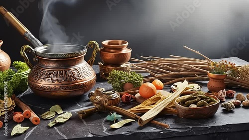 Aromatic Herbs and Spices in Copper Pot