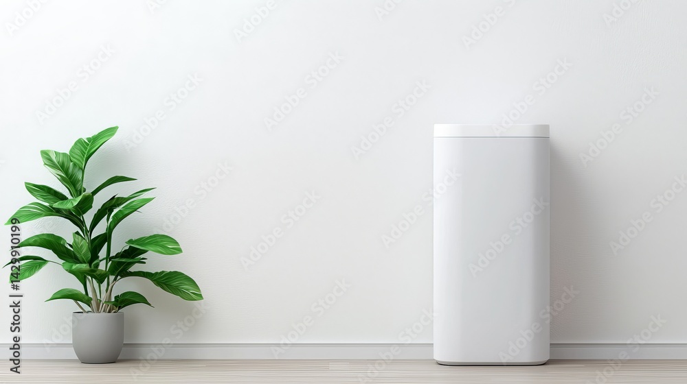 A minimalist interior scene featuring a white trash can beside a potted plant against a plain wall.