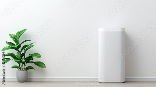 Obraz na płótnie A minimalist interior scene featuring a white trash can beside a potted plant against a plain wall. w salonie
