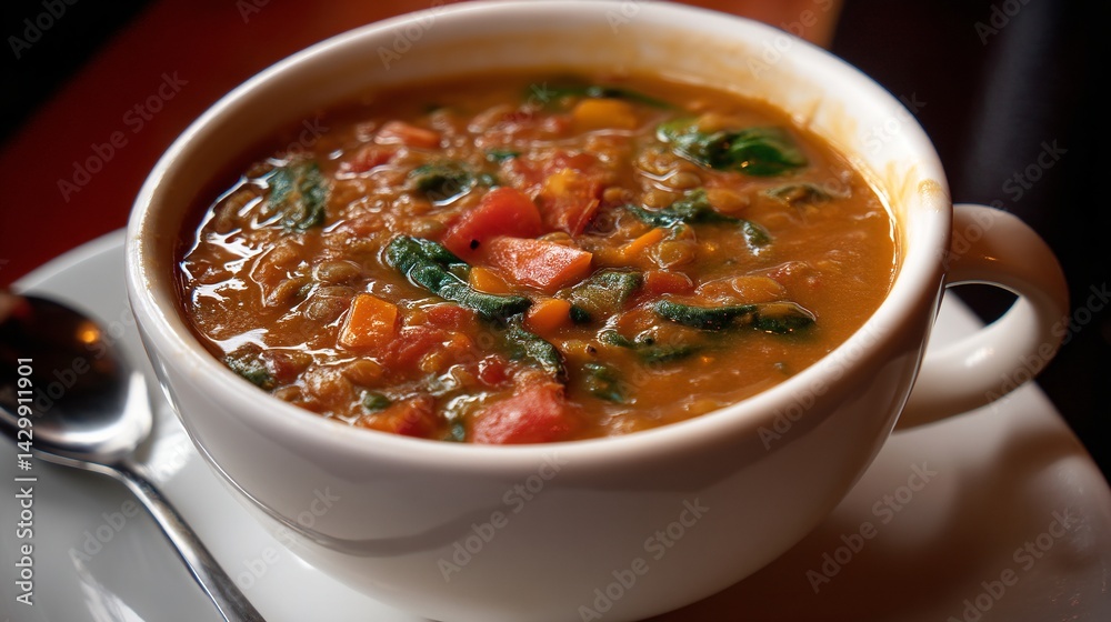 Bowl of warm, hearty vegetable soup with lentils, tomatoes, carrots, and leafy greens, served with a spoon for a nutritious and delicious meal.