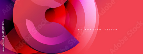 Abstract fluid shapes, vibrant colors, overlapping layers create modern design. Red, pink, purple hues dominate composition.