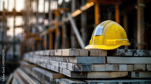 Show a construction worker's hard hat and safety vest placed on a stack of construction materials, symbolizing safety protocols and precautions in construction work.