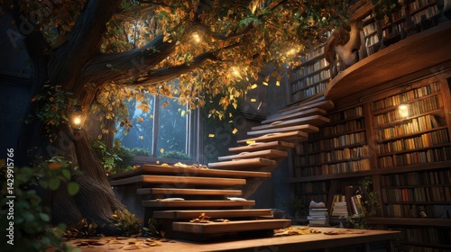 A tree with a staircase leading up to it and a library with many books