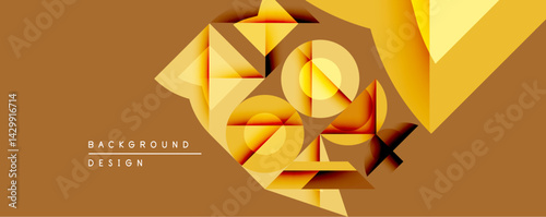 Abstract geometric composition. Golden shapes overlap creating dynamic visual effect. Warm color palette dominates design, suggesting luxury, modernity.