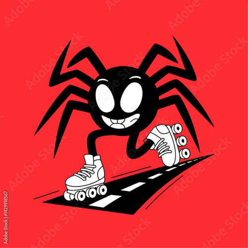 Cool Cartoon Spider Roller Skating on Red Background
