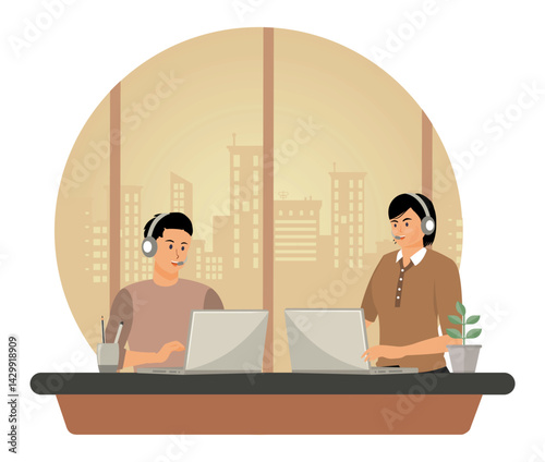 Call center, hotline concept. Customer support department staff, telemarketing agents.