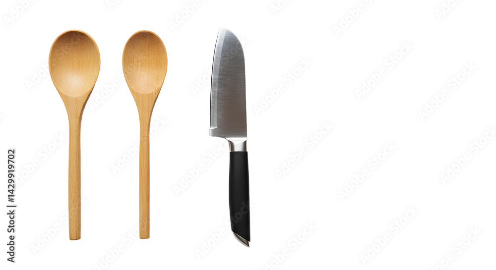 A set of wooden cooking utensils including two spoons and a sleek knife on a clean surface, ideal for culinary use
