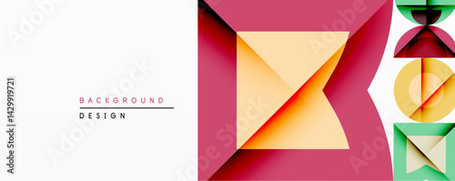 Abstract geometric composition. Overlapping shapes create dynamic visual interest. Warm colors dominate right side, contrasted by clean white space left. Modern design element.