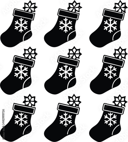 Christmas Stocking Icons in Black and White Festive Sock Silhouettes with Bows and Winter Patterns