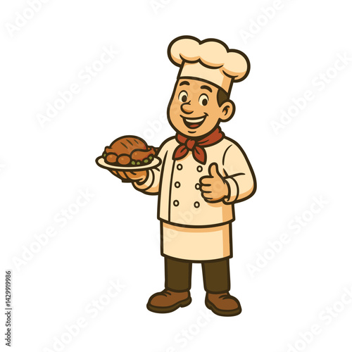 Chef Character Holding Pan and Dish cartoon mascot character

