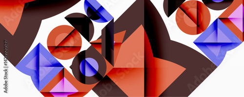 Abstract composition featuring geometric shapes. Bold colorsred, blue, black, orangeintersect, creating dynamic visual interplay. Clean lines define forms, suggesting depth, movement.
