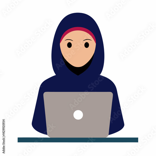 Arabic beautiful woman using laptop vector on white background.