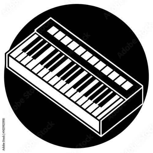 Piano Keyboard Icon, Line Art Vector in Circular Frame