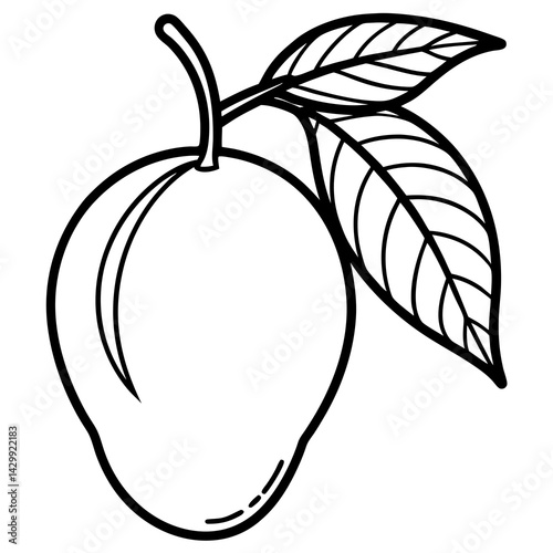 Black and White Mango Fruit with Leaves Outline, Vector Art