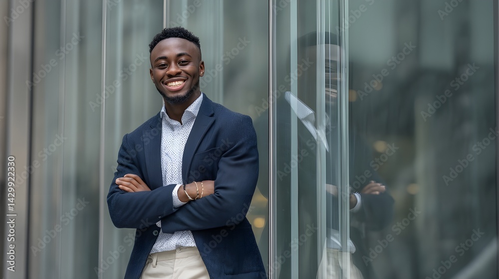 Fototapeta premium Confident young businessman smiling with arms crossed in a modern office setting