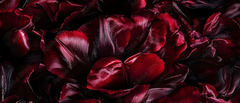 A striking and contemporary image showcasing a dramatic cluster of deep red tulips with a velvety lush texture that is highlighted by an intense cinematic lighting effect A striking and contemporary image showcasing a dramatic cluster of deep red tulips with a velvety lush texture that is highlighted by an intense cinematic lighting effect
