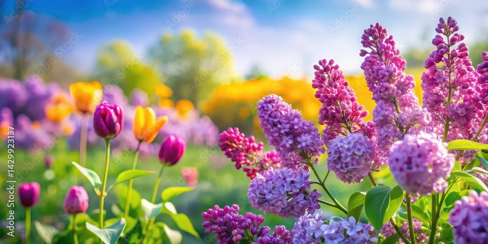 Obraz premium Vibrant Springtime Garden Display Featuring Delicate Lilacs and Colorful Tulips in Full Bloom under a Sunny Sky