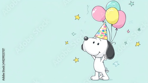 Happy Dog with Balloons in Birthday Party; greeting card, invitation, wallpaper use