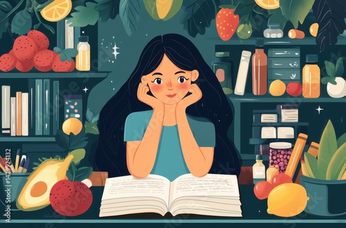 A determined girl sitting at a desk full of books,