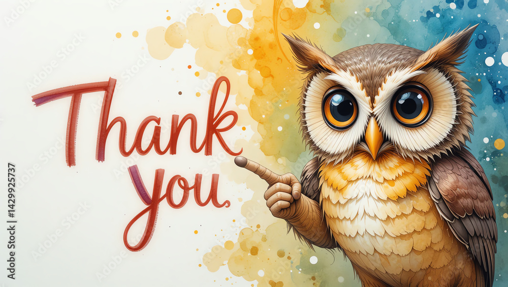 Fototapeta premium A charming illustration of an owl expressing gratitude with a 'Thank you' message, featuring vibrant watercolor splashes.