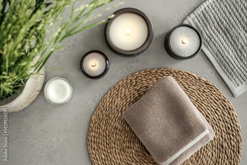 Aromatic spa scene with candles and towels.  A serene arrangement of candles, a soft towel, and greenery on a gray surface photo