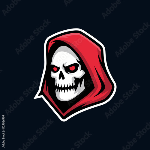 Intense Skull with Red Hood and Glowing Eyes Graphic Illustration for Gaming or Esports Mascot