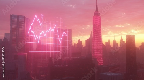 Neon pink financial graph superimposed over New York City skyline at sunrise.
