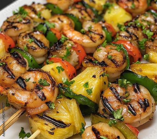Obraz na płótnie Shrimp kebabs with pineapple and peppers w salonie