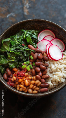 Vegan beans and rice bowl with greens
