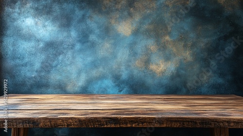 empty rustic wooden table with blue textured background for stylish product display and background design