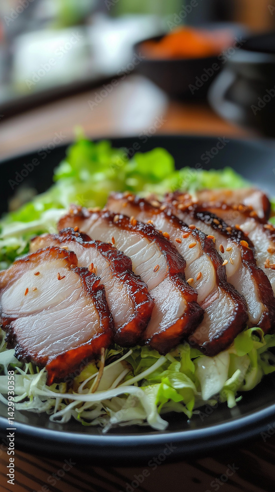 Roast pork belly on a bed of rice vertical