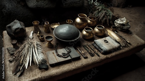 Ancient Artifacts on Rustic Table Gold and Bronze Vessels, Feathers, and Mysterious Objects in Low Light