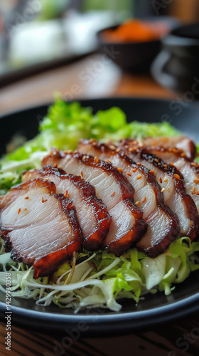 Obraz na płótnie Roast pork belly on a bed of rice vertical w salonie