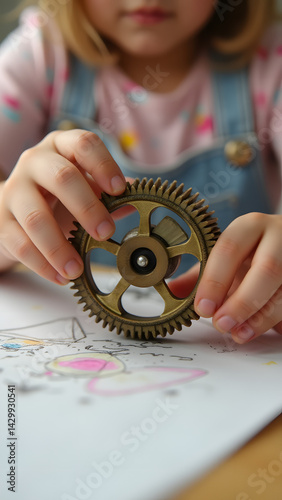 Macro view of a pattern wheel’s gears and spring. A child’s thumb and paper fibers add tactile realism to this creative tool.