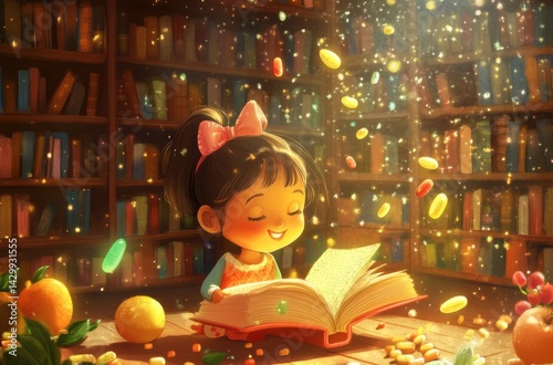 A little girl reading in a magical library, vitamins