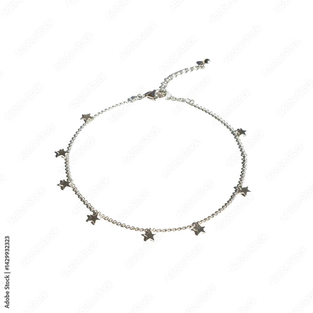 Elegant silver bracelet adorned with delicate stars, resting on a soft surface, showcasing intricate craftsmanship and shine