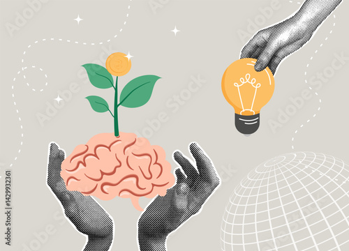 Trendy halftone collage. Investing in ideas and brains for business growth and future success. Investment brain concept, profit growth concept, financial knowledge, prosperity concept, attitude