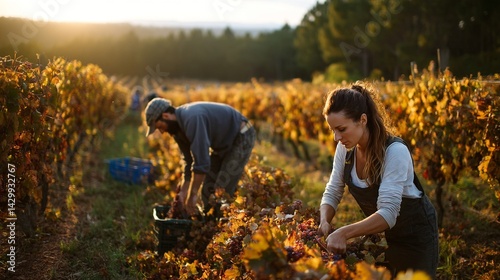Grape harvest season in vineyard with farmers picking grapes during the day