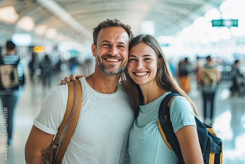 Portrait of a happy travelers couple standing with their arms around each other at the airport.