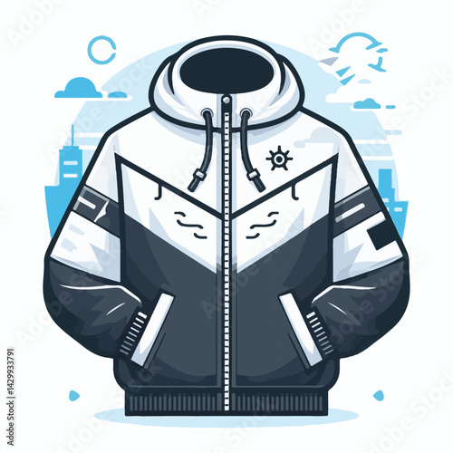 windbreaker, jacket, garment, clothing, design, sportswear, wear, fashion, illustration, sport, hoodie, hood, male, sweatshirt, zipper, apparel, white, coat, jersey, style, pocket, fabric, unisex, cas