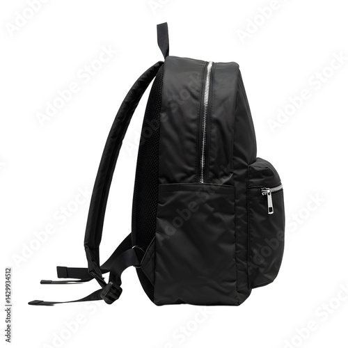 Sleek black backpack positioned sideways, showcasing its design and storage pockets against a neutral background