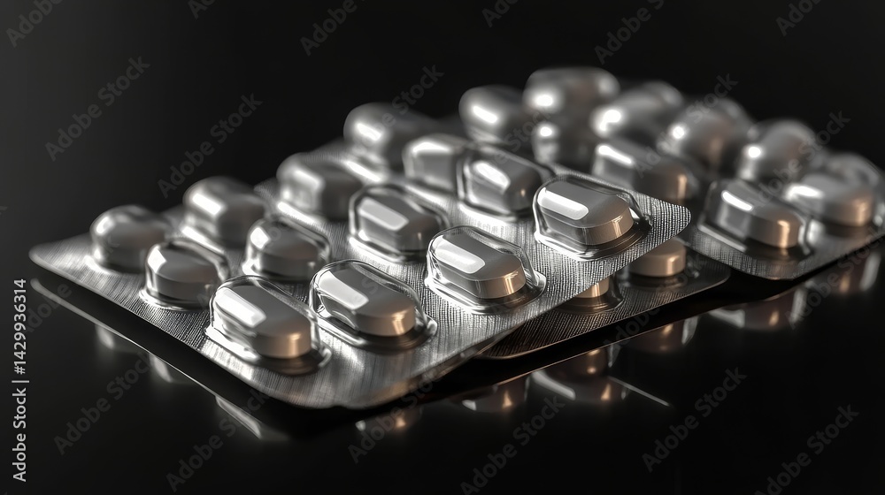 Close-up of metallic pill packs displaying various capsules and tablets. Close-up of metallic pill packs displaying various capsules and tablets.
