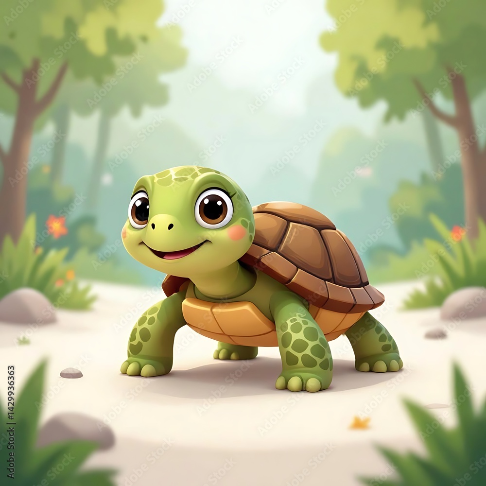 Fototapeta premium A cartoon turtle standing on a path in a forest with trees and flowers in the background