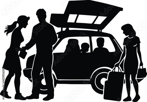Family Loading Car For Trip Silhouette